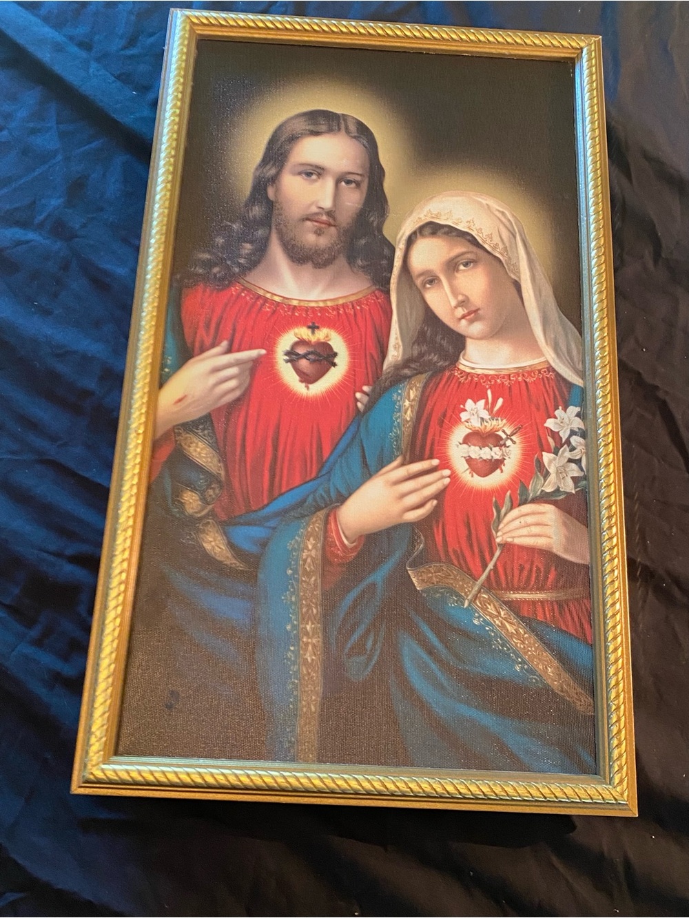 Vintage, Sacred Heart Jesus, Immaculate Heart Mary Framed Canvas 11x19 Catholic